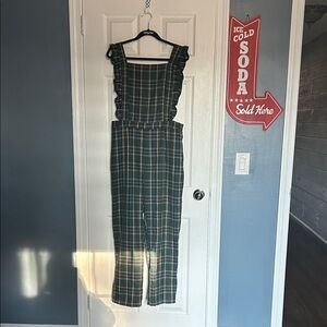Elegant Checkered Ruffle Jumpsuit - Green and Blue